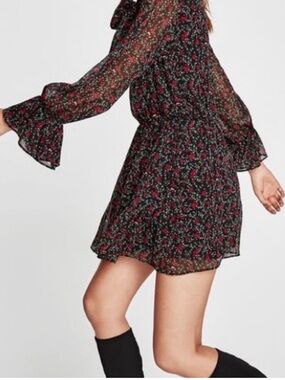 Zara Floral Print Long Sleeve Tie-Neck Mini Dress Large